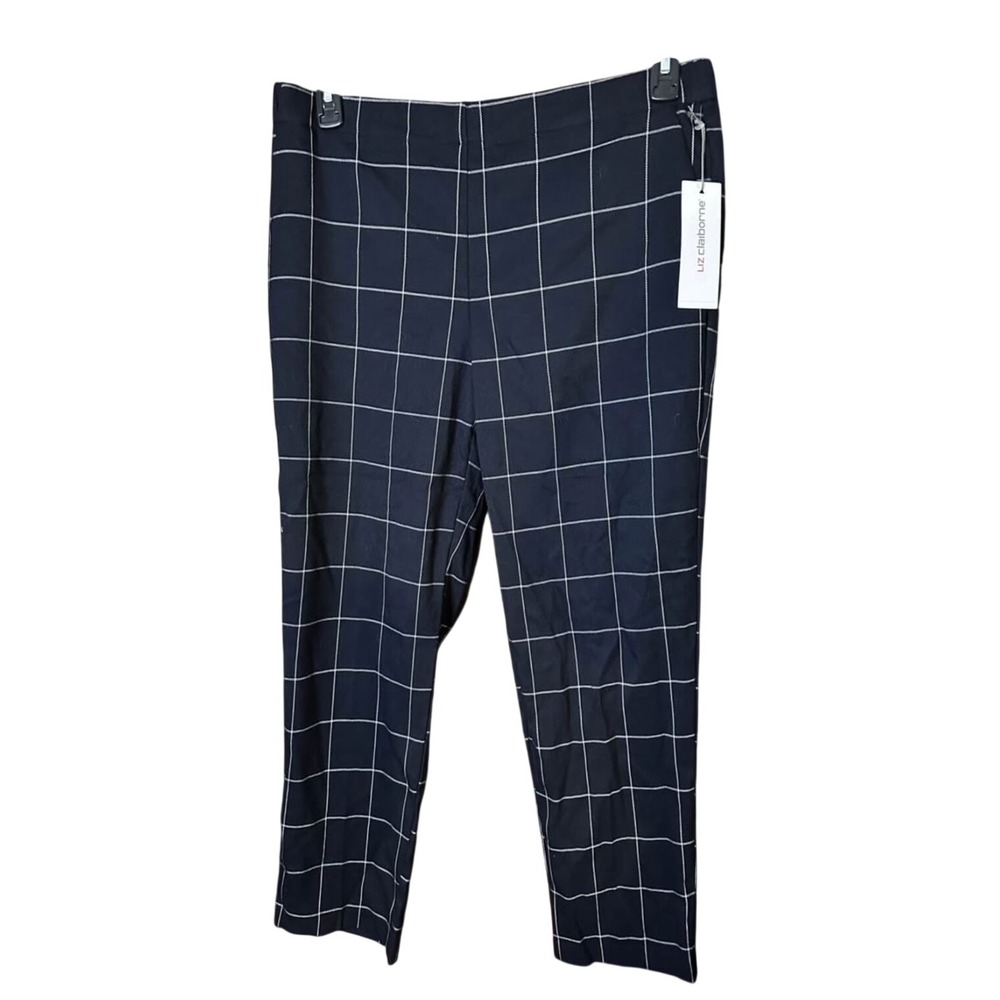 Liz Claiborne Erin Straight Leg Ankle Pants 8 Navy Crema Plaid Mid-Rise NWT